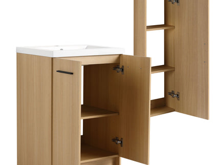 Freestanding Bathroom Vanity Set With Tall Linen Cabinet, Single Sink, Extra Storage, Soft Close Doors - Glossy White / Light Oak