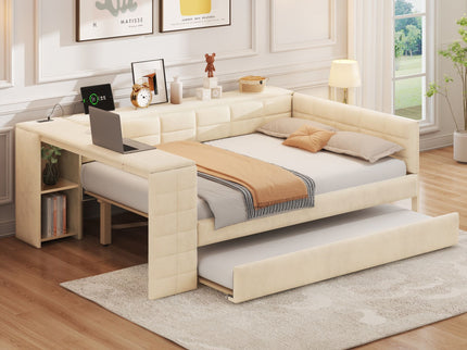 Upholstered Platform Bed With Storage Shelves, Desk, Charging Station And Trundle
