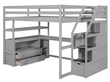 Loft Bed With Desk, Shelves, 2 Drawers, Storage Staircase
