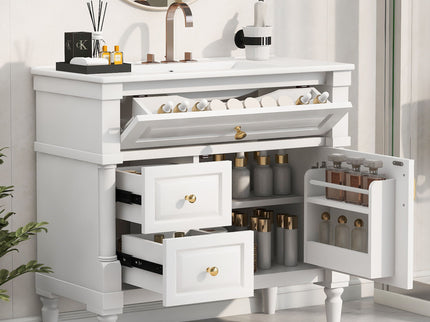 Freestanding Bathroom Vanity With Sink, Adjustable Shelf, Flip Drawer