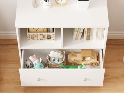 Toy Storage Organizer With Large Drawer And Low Bookshelf For Nursery & Playroom - White