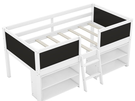 Low Loft Bed With Movable Shelves And Ladder, Decorative Chalkboard Guardrail