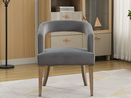 Wide Modern Barrel Open Back Upholstered Accent Chair With Weathered Solid Wood Legs