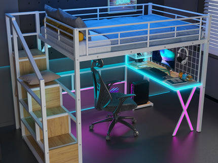Loft Bed With Built In Work Station, Wardrobe, Storage Staircase And LED
