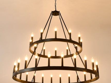 2 Tiers Wagon Wheel Chandelier Wooden Farmhouse 36 Light (24 / 12) Or (12 / 24) Metal Chandeliers 2 Story Light Fixtures Industrial For High Ceiling Living Dining Room Foyer, Adjustable Height - Black