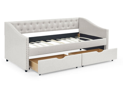 Upholstered Tufted Daybed With 2 Drawers, Waved Arms