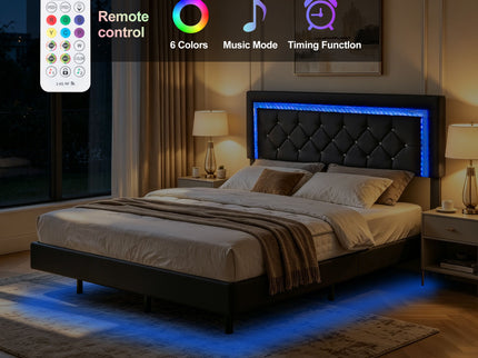 Platform Bed Frame With Adjustable Upholstered Headboard, RGB LED Lights, No Box Spring Needed