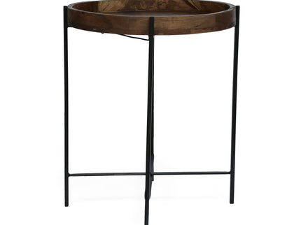 Modern Industrial Round End Table With Tray Top And Foldable Iron Legs - Natural