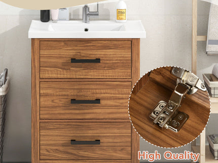 24'' Bathroom Vanity With Basin Sink, 3 Drawer Storage Cabinet - Natural Wood