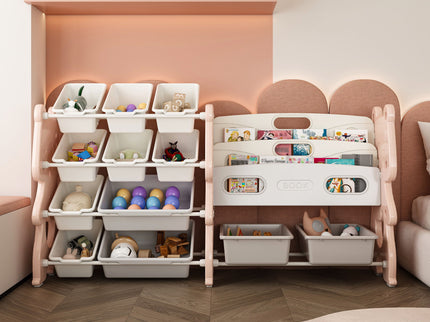 Kids Toy Storage Organizer With 2 Tier Bookshelf, Toy Storage With 12 Bins