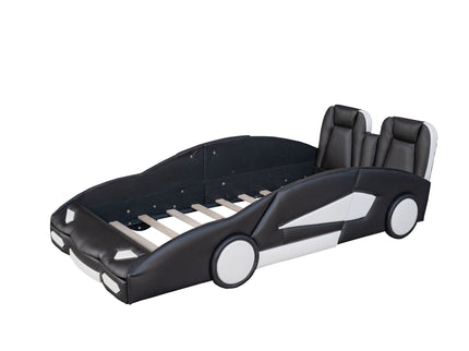 Race Car Shaped Twin Platform Bed With Wheels, Pine Wood Construction