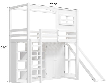 Twin Size Loft Bed With Wardrobe, Storage Shelves, Slide And LED - White