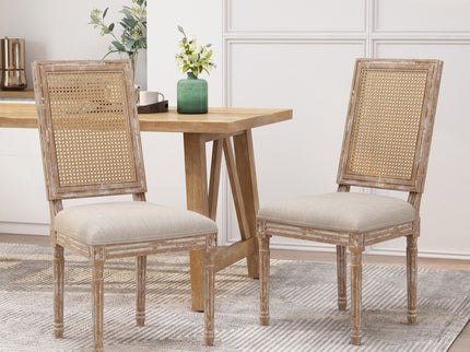 French Country Dining Chair With Rectangular Cane Backrest And Smooth Upholstered Seating