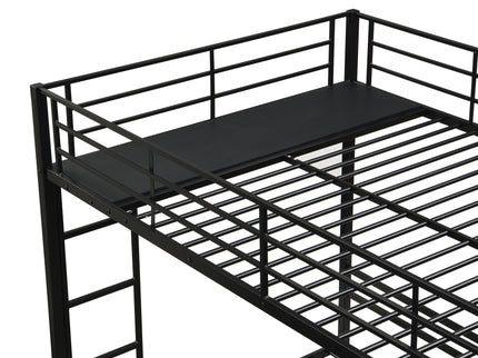 Modern Metal Triple Bunk Bed With Vertical Ladder, Safety Rail, And Storage Shelf - Black