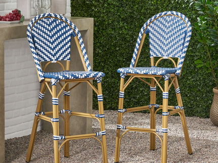 Outdoor Rattan French Barstool Set,, Bamboo, Seat Height - Navy Blue / White