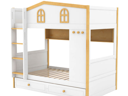 Twin Over Twin Bunk Bed With House Shaped Guardrails, Storage Shelves & Drawers - White / Natural