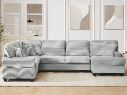 Upholstered U-Shaped Sectional Sofa With Movable Ottoman And Side Storage Pockets