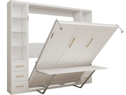 Queen Size Murphy Wall Bed With Side Storage Cabinets - White
