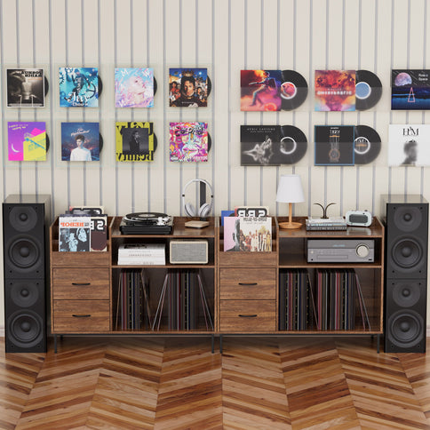 Eco-Friendly Vinyl Record Player Stand With Flip-Top Storage, Media Console With Dual Outlets And Dustproof Drawers
