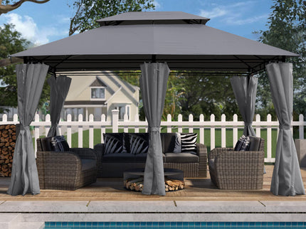 13 0 Ft Outdoor Patio Gazebo Canopy Tent With Ventilated Double Roof And Side Wall (Detachable Curtain Included On All Sides) Suitable For Lawn Garden Backyard And Deck - Gray