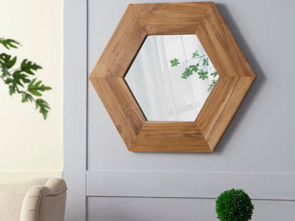 Hexagon Mirror With Natural Wood Frame, Wall Decor For Living Room Bathroom Hallway