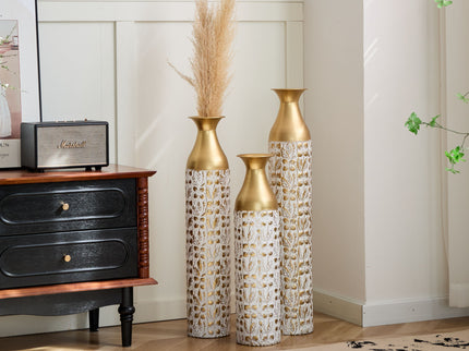 Mother's Day Gift Set Gilded White 3D Relief Flower Metal Vase Set - White / Gold