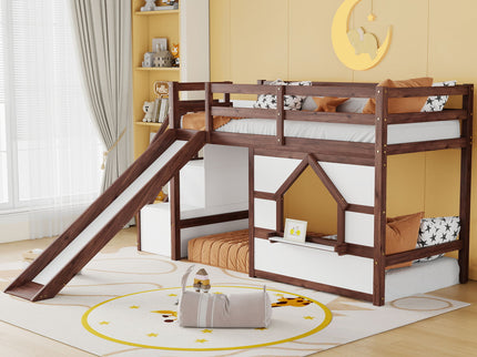 Loft Bed With Storage Stairs, Slide, Playhouse Window And 7 Colors LED Lights
