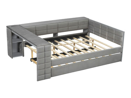 Upholstered Platform Bed With Storage Shelves, Desk, Charging Station And Trundle