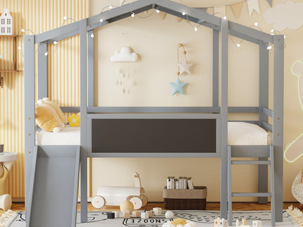 Loft House Bed With Ladder And Slide, With board And Light Strip On The Roof