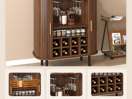 Fluted Wine Bar Cabinet With 8 Grid Wine Rack, 5 Level Adjustable Shelves, 2 Glass Holders