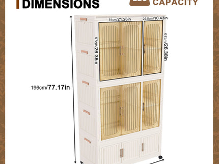 Portable Wardrobe Closet Storage Organizer For Clothes, 9 Magnetic Doors With 9 Cubes & 2 Hanging Rods, 6 Hangers - Cream White