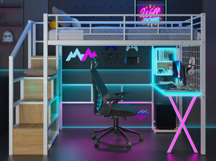 Loft Bed With Built In Work Station, Wardrobe, Storage Staircase And LED