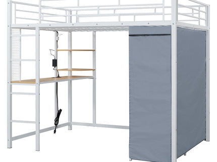 Loft Bed With Desk, Shelves, Power Outlet, LED Light And Wardrobe