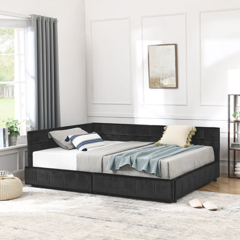 Storage Elegant Upholstered Tufted Bed Frame With Backrest And Armrests
