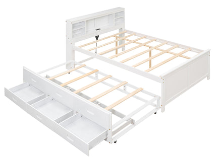 Platform Bed With Storage Headboard, USB, Trundle And 3 Drawers