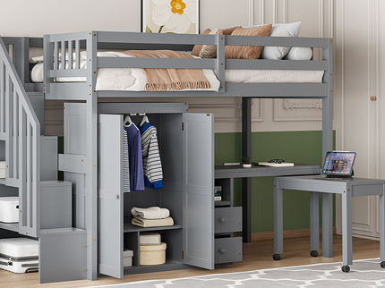 Loft Bed With Stairs, Bookshelf, Drawers, Desk & Wardrobe, Space Saving Multifunctional Furniture