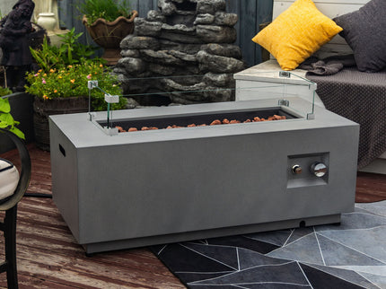 Propane Gas Fire Pit Table, 50000 Btu Rectangular With Glass Wind Guard For Outside - Gray