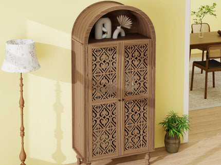 Tall Kitchen Pantry Cabinet With Hollow Carved Doors Adjustable Shelves Versatile Storage Cabinet For Kitchen - Walnut