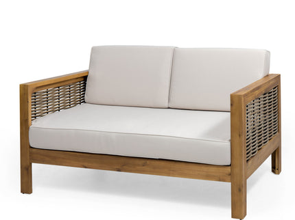 Outdoor 4 Seater Acacia Wood Chat Set With Wicker Accents And Cushions - Teak / Mixed Brown / Beige