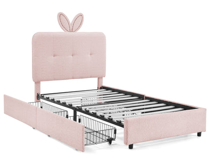 Upholstered Bed With Oversized Rabbit Ear Headboard, LED Lights & 4 Storage Drawers