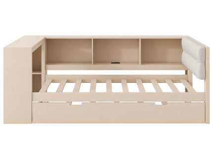 Upholstered Headboard Platform Bed With Storage Shelves, Trundle, Charging Station