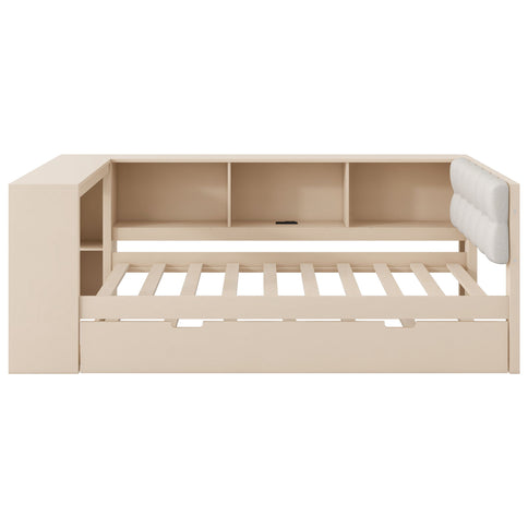Upholstered Headboard Platform Bed With Storage Shelves, Trundle, Charging Station