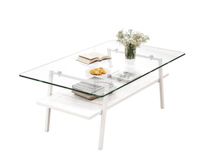 Rectangle Coffee Table, Tempered Glass Tabletop With Metal Legs, Modern Table For Living Room