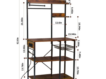 Bakers Rack With Power Outlet, Coffee Bar With S-Shaped Hooks, Kitchen Shelf With Wire Basket - Black / Brown