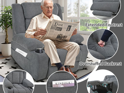 Power Lift Recliner Chair With Extended Footrest, Remote Control, Cup Holders, And Side Pockets