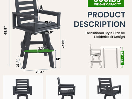 Outdoor Swivel Bar Chair, Ladderback With Wide & Thickened Frame