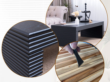 Modern Ribbed Coffee Table, Rectangular Low Profile Center Table For Living Room - Black