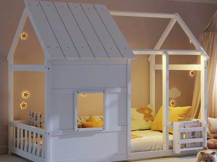 House Floor Bed With 7 Color LED Light, Built In Bookshelf