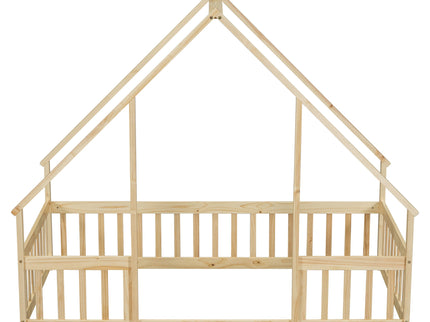 Wood House-Shaped Floor Bed With Fence, Guardrails