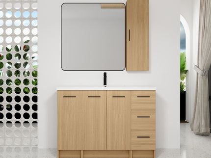 Freestanding Bathroom Vanity Set With Tall Side Cabinet, 3 Drawers And 3 Door Cabinet, Integrated Sink, Large Storage - Glossy White / Light Oak